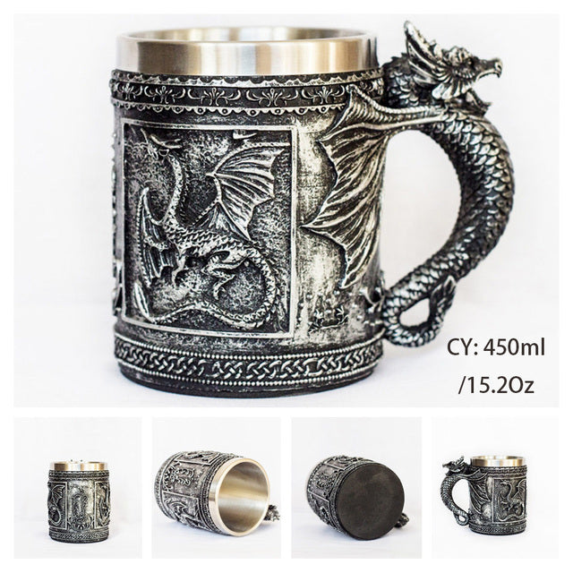 Silver Skull Dragon Resin Stainless Steel Beer Mug 450ml Coffee Cup Retro Tankard Creative Viking Tea Mug Pub Bar Decoration