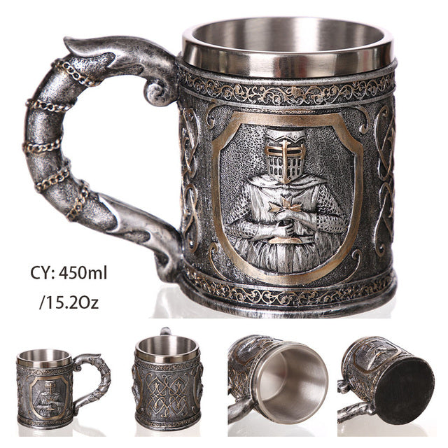 Silver Skull Dragon Resin Stainless Steel Beer Mug 450ml Coffee Cup Retro Tankard Creative Viking Tea Mug Pub Bar Decoration