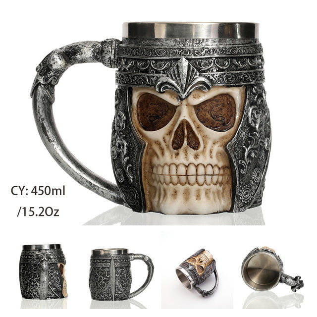 Silver Skull Dragon Resin Stainless Steel Beer Mug 450ml Coffee Cup Retro Tankard Creative Viking Tea Mug Pub Bar Decoration