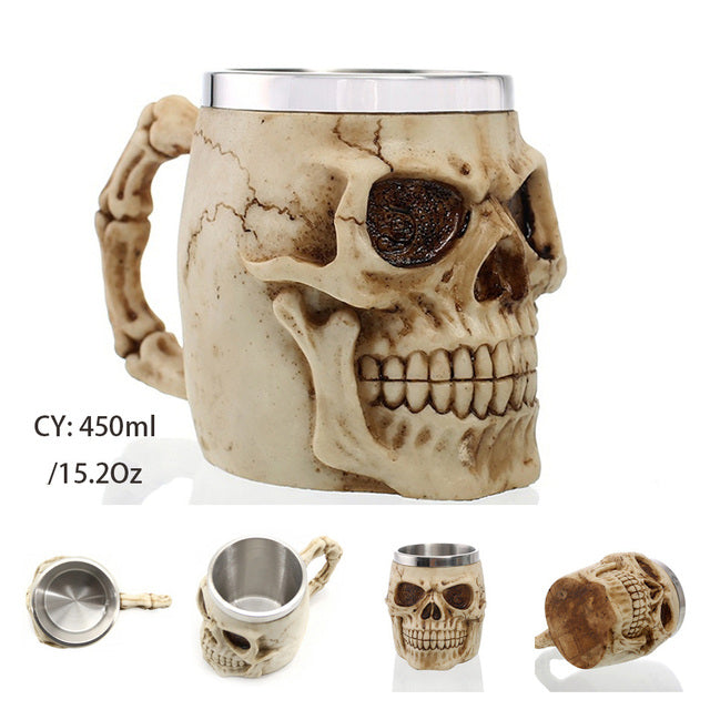 Silver Skull Dragon Resin Stainless Steel Beer Mug 450ml Coffee Cup Retro Tankard Creative Viking Tea Mug Pub Bar Decoration