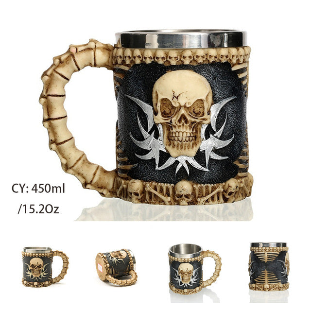 Silver Skull Dragon Resin Stainless Steel Beer Mug 450ml Coffee Cup Retro Tankard Creative Viking Tea Mug Pub Bar Decoration