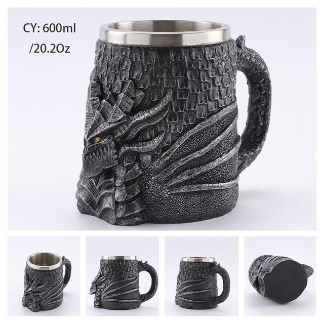 Silver Skull Dragon Resin Stainless Steel Beer Mug 450ml Coffee Cup Retro Tankard Creative Viking Tea Mug Pub Bar Decoration