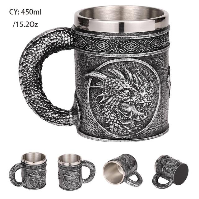 Silver Skull Dragon Resin Stainless Steel Beer Mug 450ml Coffee Cup Retro Tankard Creative Viking Tea Mug Pub Bar Decoration