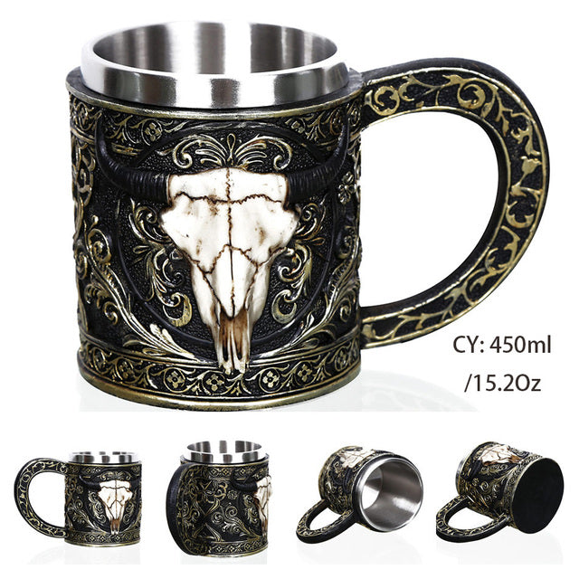 Silver Skull Dragon Resin Stainless Steel Beer Mug 450ml Coffee Cup Retro Tankard Creative Viking Tea Mug Pub Bar Decoration