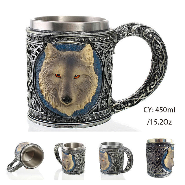 Silver Skull Dragon Resin Stainless Steel Beer Mug 450ml Coffee Cup Retro Tankard Creative Viking Tea Mug Pub Bar Decoration