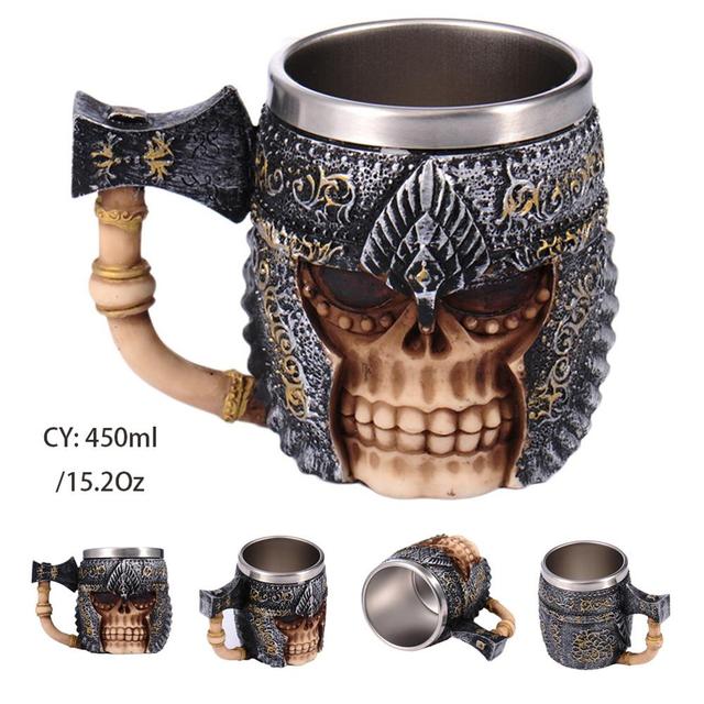 Silver Skull Dragon Resin Stainless Steel Beer Mug 450ml Coffee Cup Retro Tankard Creative Viking Tea Mug Pub Bar Decoration