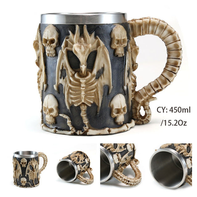 Silver Skull Dragon Resin Stainless Steel Beer Mug 450ml Coffee Cup Retro Tankard Creative Viking Tea Mug Pub Bar Decoration