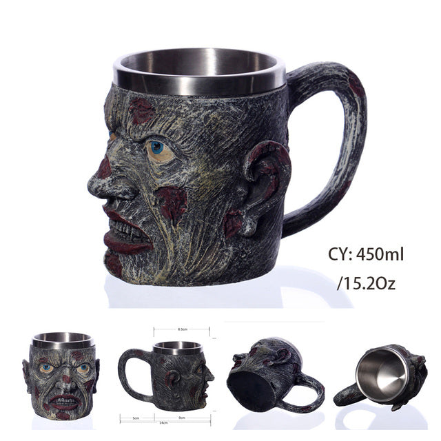 Silver Skull Dragon Resin Stainless Steel Beer Mug 450ml Coffee Cup Retro Tankard Creative Viking Tea Mug Pub Bar Decoration