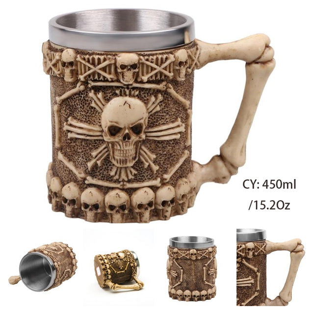 Silver Skull Dragon Resin Stainless Steel Beer Mug 450ml Coffee Cup Retro Tankard Creative Viking Tea Mug Pub Bar Decoration