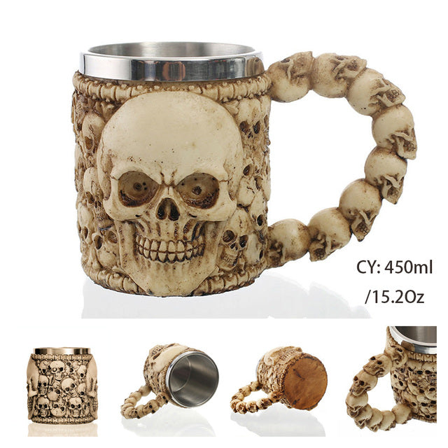 Silver Skull Dragon Resin Stainless Steel Beer Mug 450ml Coffee Cup Retro Tankard Creative Viking Tea Mug Pub Bar Decoration