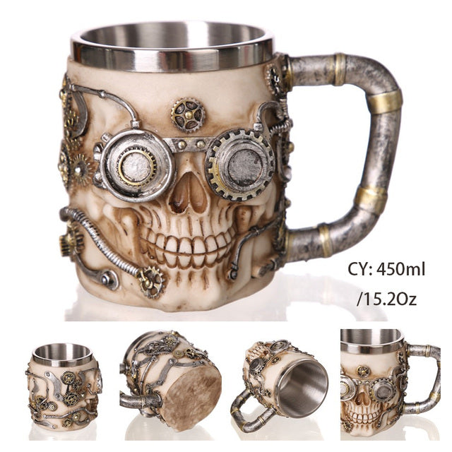 Silver Skull Dragon Resin Stainless Steel Beer Mug 450ml Coffee Cup Retro Tankard Creative Viking Tea Mug Pub Bar Decoration