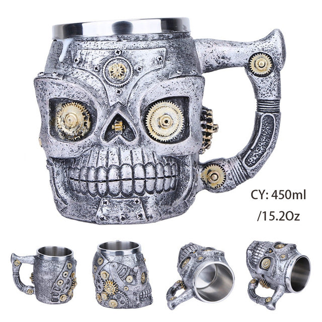 Silver Skull Dragon Resin Stainless Steel Beer Mug 450ml Coffee Cup Retro Tankard Creative Viking Tea Mug Pub Bar Decoration