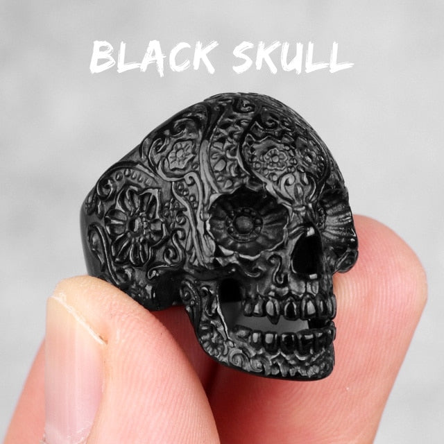 Stainless Steel Gothic Skull Bones Men Rings Vintage Carving Domineering Gothic Rock