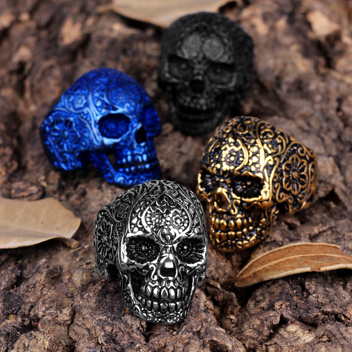 Stainless Steel Gothic Skull Bones Men Rings Vintage Carving Domineering Gothic Rock