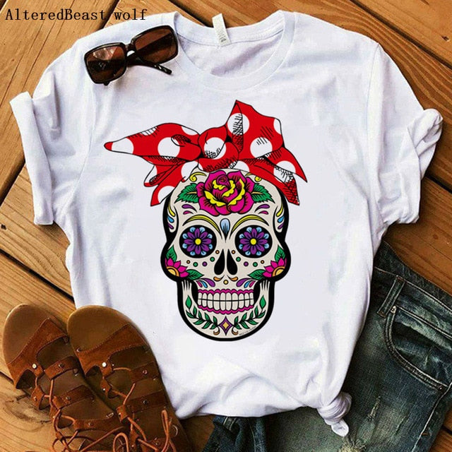 Women Bandana Skull Punk Skull Print Summer T Shirt