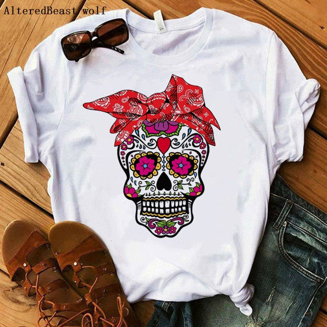 Women Bandana Skull Punk Skull Print Summer T Shirt