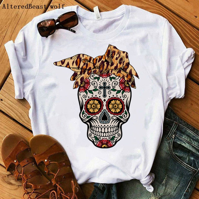 Women Bandana Skull Punk Skull Print Summer T Shirt