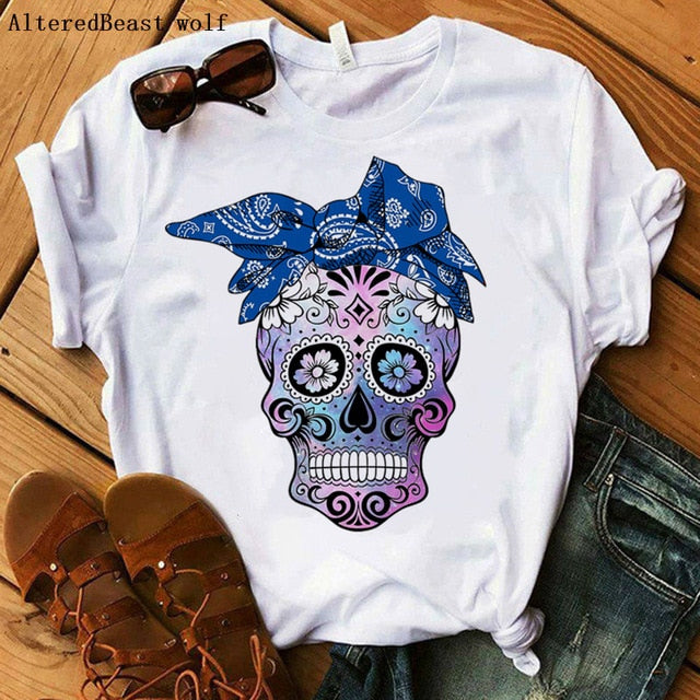 Women Bandana Skull Punk Skull Print Summer T Shirt