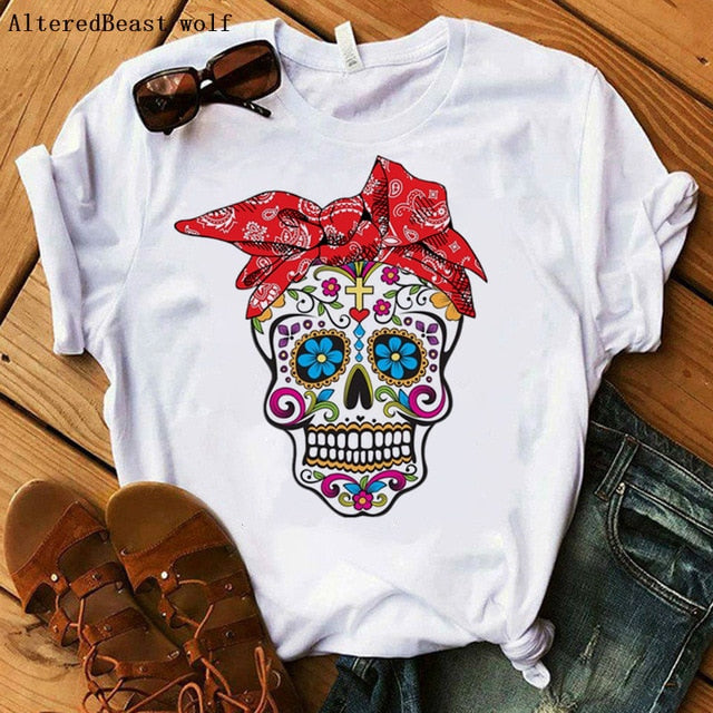 Women Bandana Skull Punk Skull Print Summer T Shirt