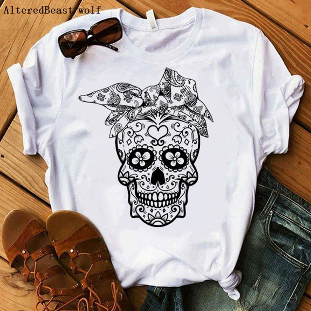 Women Bandana Skull Punk Skull Print Summer T Shirt