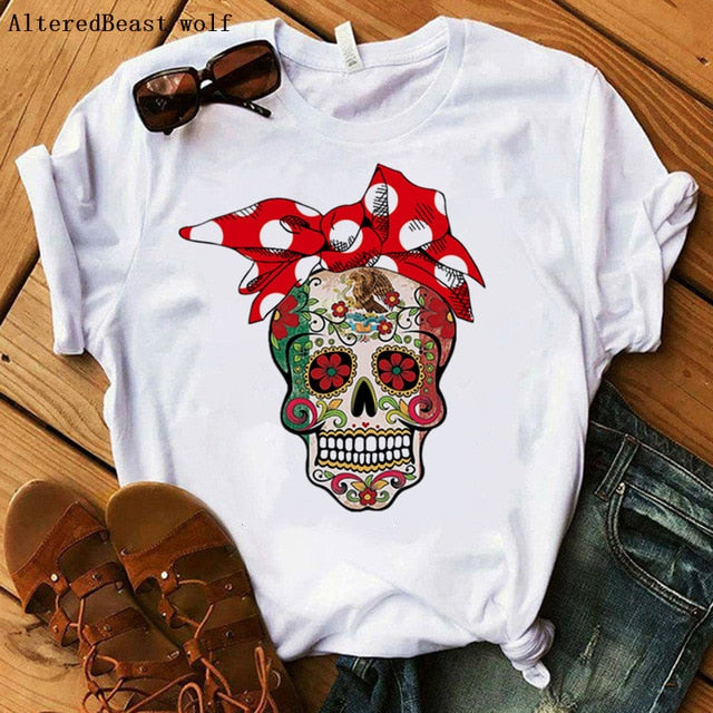 Women Bandana Skull Punk Skull Print Summer T Shirt