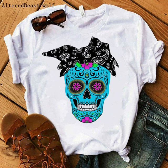 Women Bandana Skull Punk Skull Print Summer T Shirt