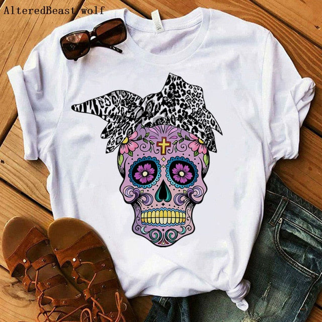 Women Bandana Skull Punk Skull Print Summer T Shirt