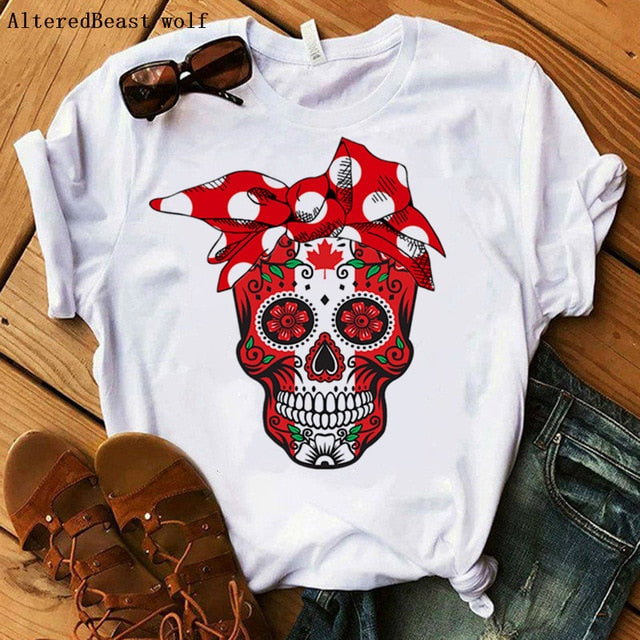 Women Bandana Skull Punk Skull Print Summer T Shirt