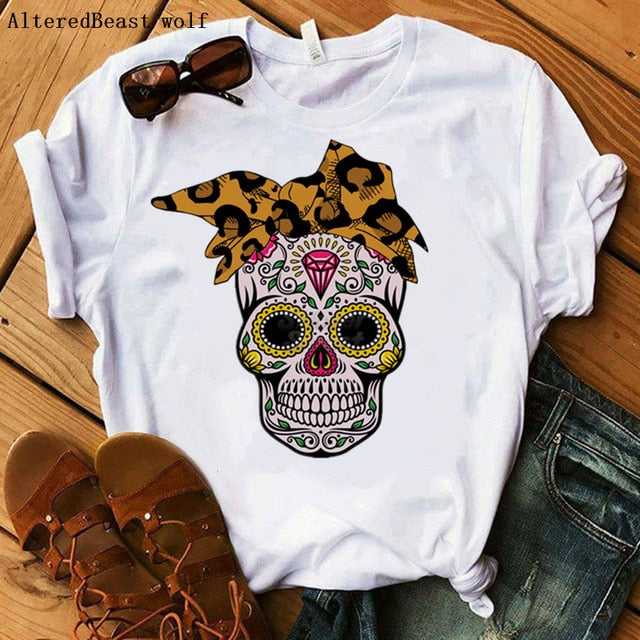 Women Bandana Skull Punk Skull Print Summer T Shirt