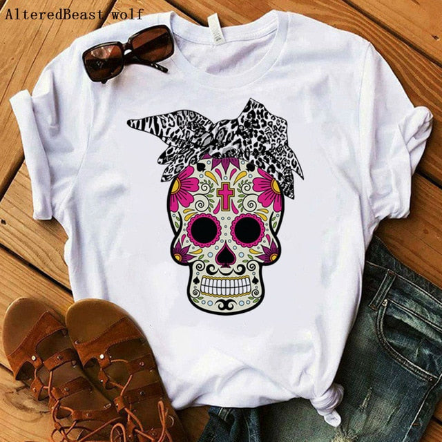 Women Bandana Skull Punk Skull Print Summer T Shirt