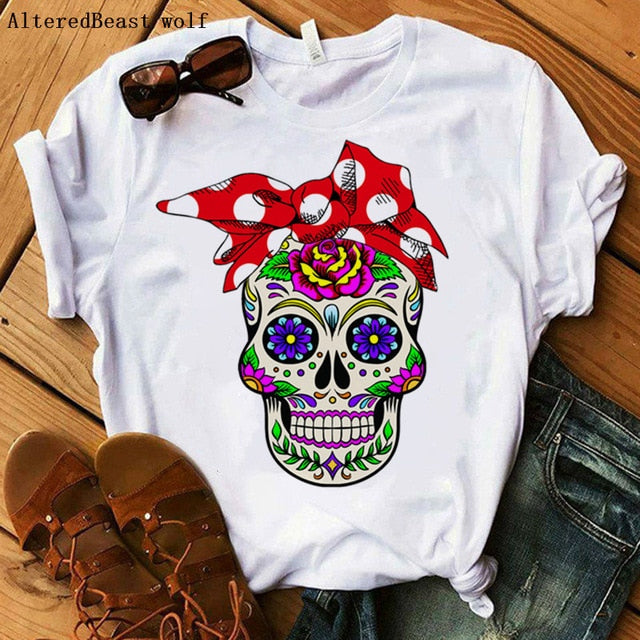 Women Bandana Skull Punk Skull Print Summer T Shirt