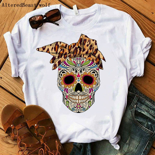 Women Bandana Skull Punk Skull Print Summer T Shirt