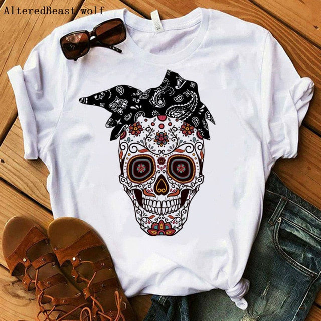 Women Bandana Skull Punk Skull Print Summer T Shirt