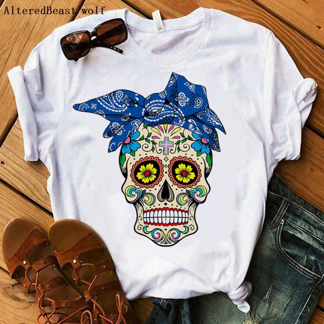 Women Bandana Skull Punk Skull Print Summer T Shirt