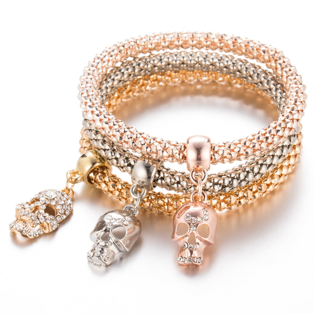 New Fashion Gold Color Crystal Skull Bracelet & Bangle 3 PCS/Set Charm Luxury Love Anchors Heart