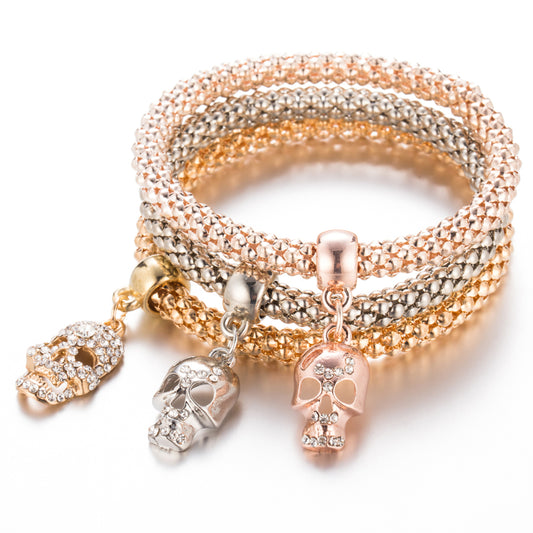 New Fashion Gold Color Crystal Skull Bracelet & Bangle 3 PCS/Set Charm Luxury
