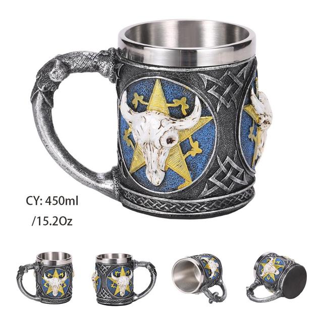 Silver Skull Dragon Resin Stainless Steel Beer Mug 450ml Coffee Cup Retro Tankard Creative Viking Tea Mug Pub Bar Decoration