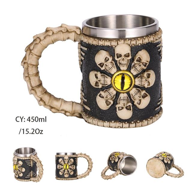 Silver Skull Dragon Resin Stainless Steel Beer Mug 450ml Coffee Cup Retro Tankard Creative Viking Tea Mug Pub Bar Decoration