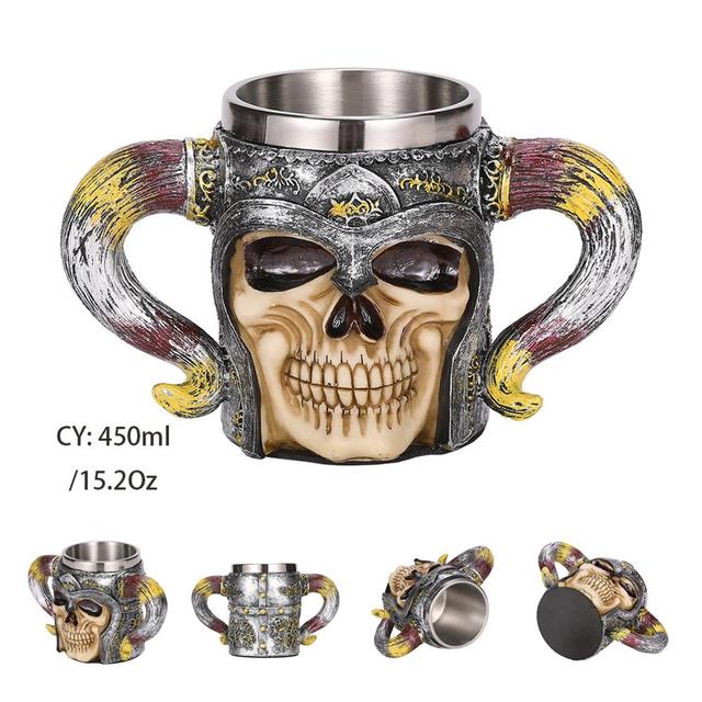 Silver Skull Dragon Resin Stainless Steel Beer Mug 450ml Coffee Cup Retro Tankard Creative Viking Tea Mug Pub Bar Decoration