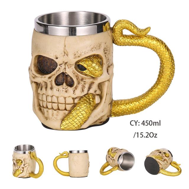 Silver Skull Dragon Resin Stainless Steel Beer Mug 450ml Coffee Cup Retro Tankard Creative Viking Tea Mug Pub Bar Decoration