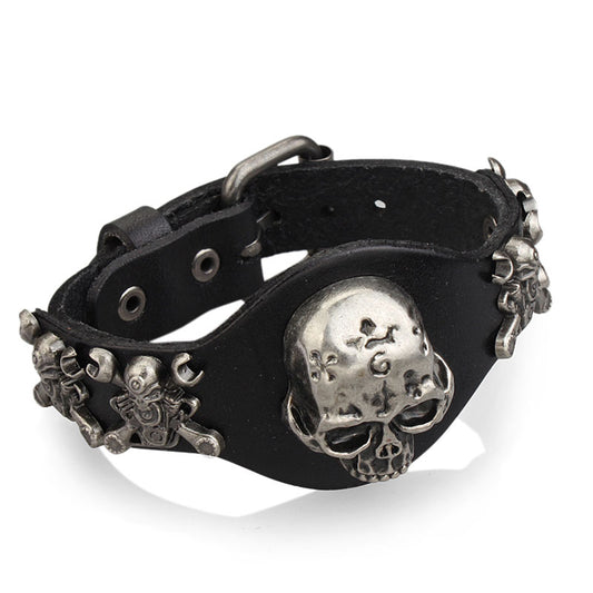 New Design Jewelry Multicolor Punk Rock Evil Skull Genuine Leather Wrap Bracelet