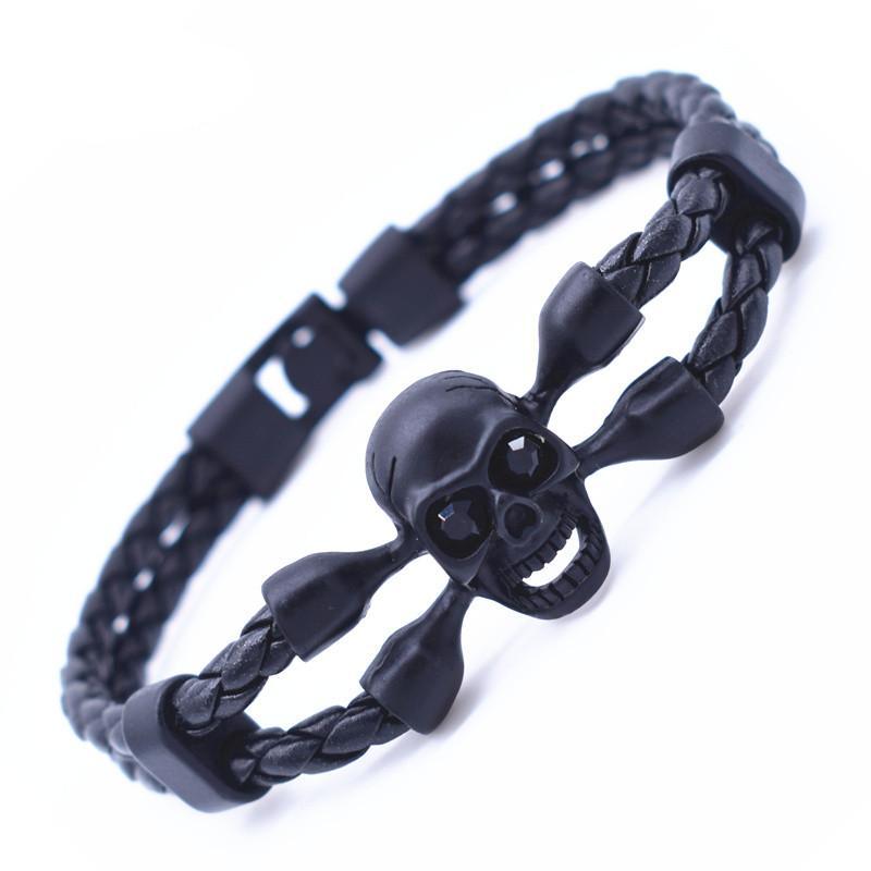 Black Friday Vintage Black Skull Bracelets Bangles Hand Made Top Quality Leather Skeleton Bracelet