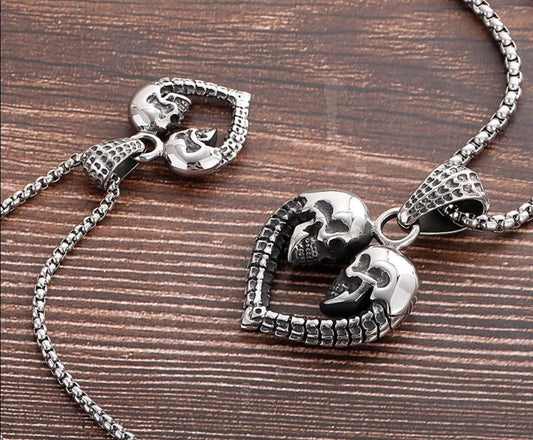 Goth Heart Skull Pendant Necklace For Men Stainless Steel 316L Halloween Couple Gift