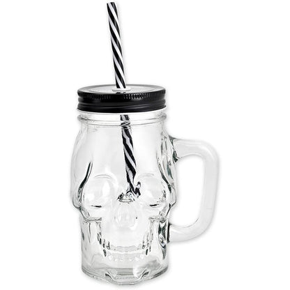 Skull Glass Mason Jar Mug Tumbler Cup With Lids And Straw Skull Face Glass Wide Mouth Mason Jar Drinking Glasses Single jar 16oz