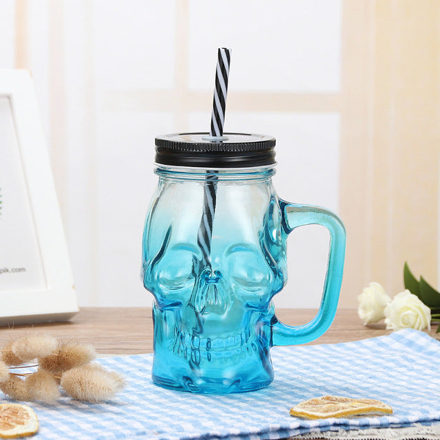 Skull Glass Mason Jar Mug Tumbler Cup With Lids And Straw Skull Face Glass Wide Mouth Mason Jar Drinking Glasses Single jar 16oz