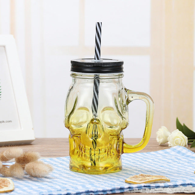 Skull Glass Mason Jar Mug Tumbler Cup With Lids And Straw Skull Face Glass Wide Mouth Mason Jar Drinking Glasses Single jar 16oz