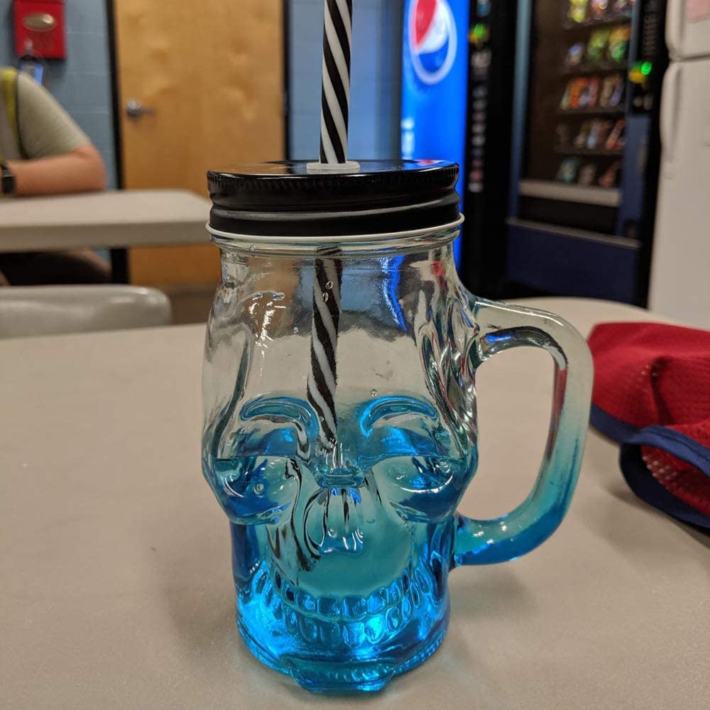 Skull Glass Mason Jar Mug Tumbler Cup With Lids And Straw Skull Face Glass Wide Mouth Mason Jar Drinking Glasses Single jar 16oz