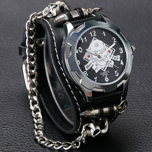 Bracelet Quartz Watch Wristwatch Skull Bullet Chain Gothic Style Analog Leather Strap