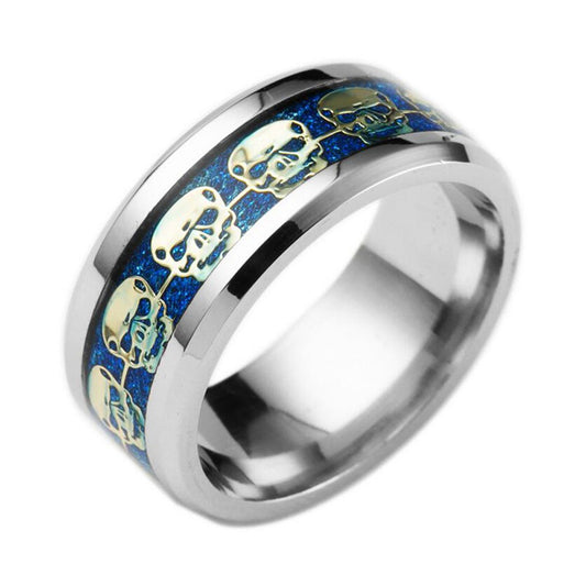 Stainless Steel Skull Ring Gold Filled Blue Black Skeleton Pattern Man Biker