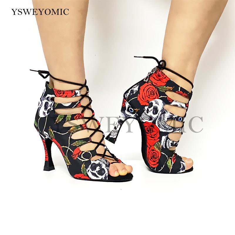 Spring Summer Style Salsa Bachata Dance Shoes Girls Halloween Skull Latin Dance Boot 9cm Heel Women Latin Dance Shoes